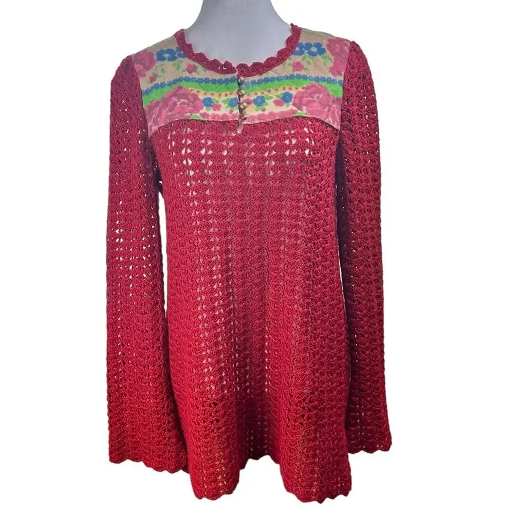 Free People Crochet Quilted Floral Sweater Red Boho Artsy Size Medium